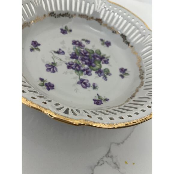 Schwartzhammer Germany Vtg Bavarian Porcelain Bowl Reticulated Lattice Violets - Picture 3 of 8